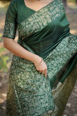 green solid raw silk blend saree with blouse 3