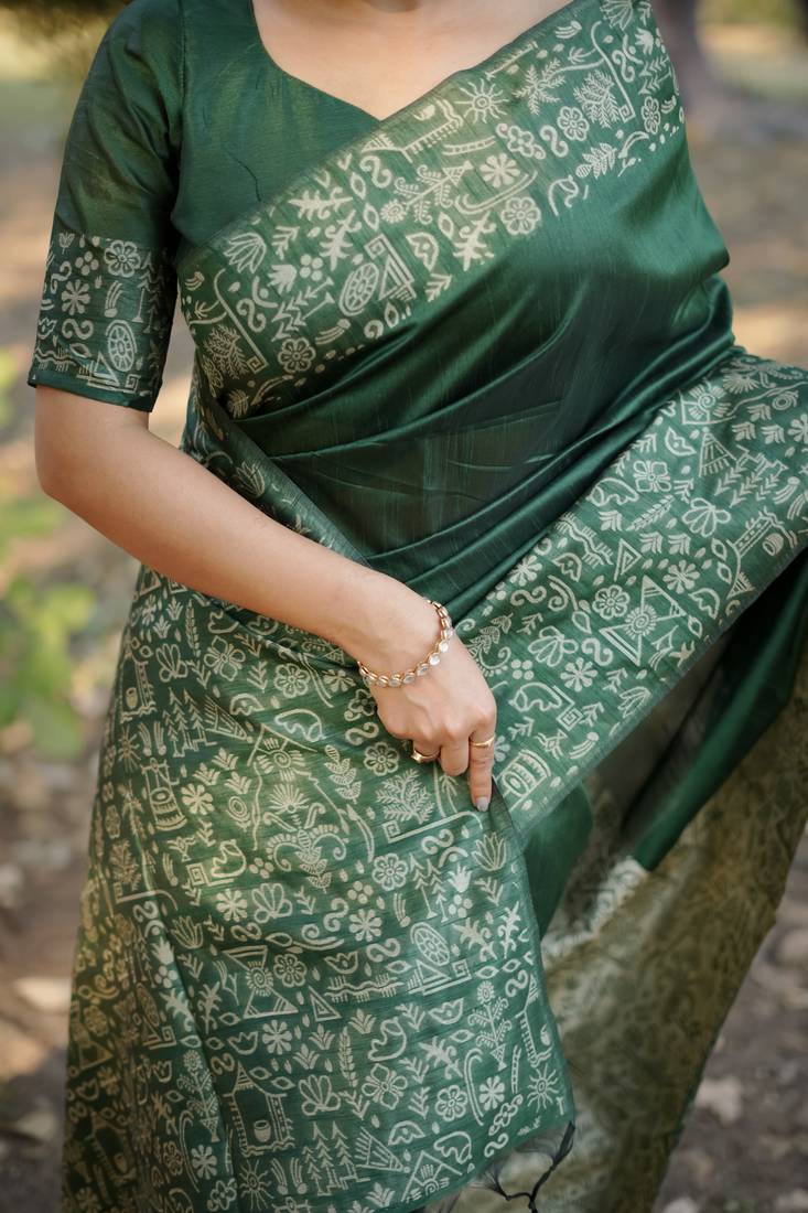 green solid raw silk blend saree with blouse