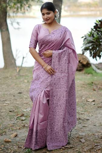 lavender solid raw silk blend saree with blouse