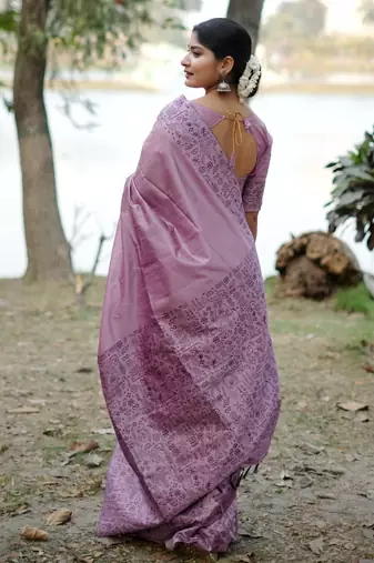 lavender solid raw silk blend saree with blouse