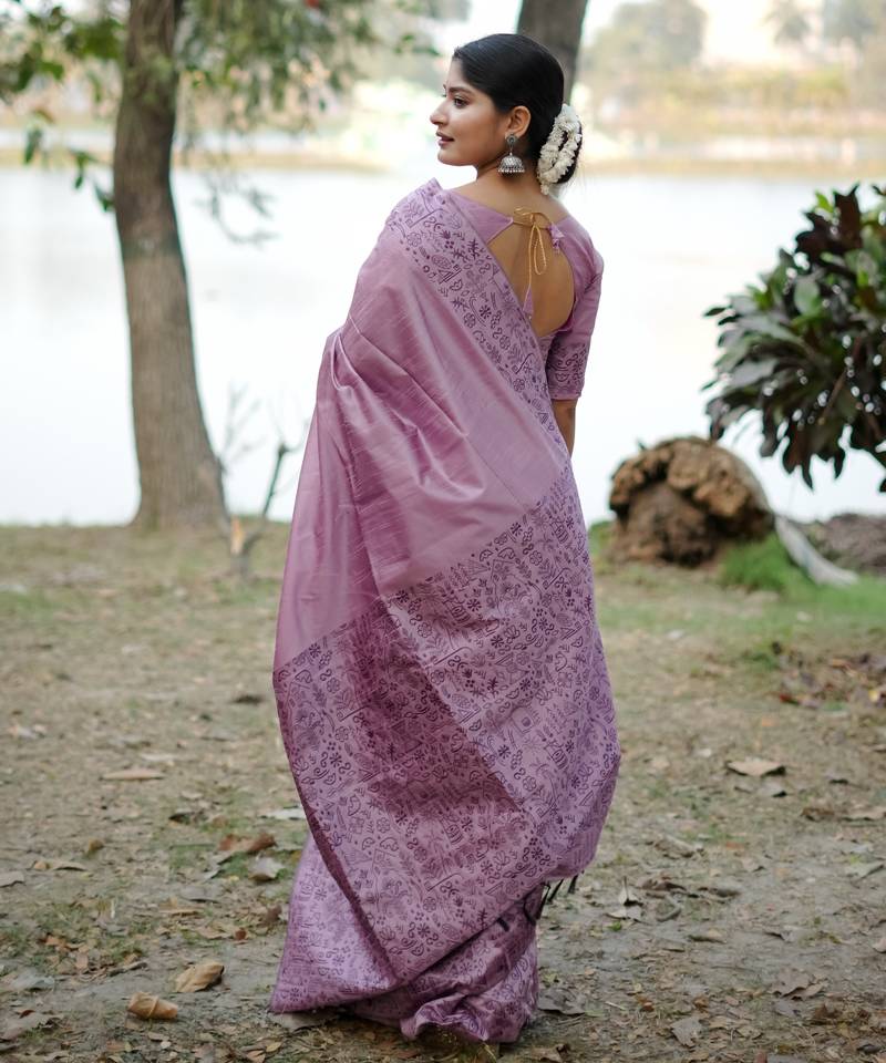 lavender solid raw silk blend saree with blouse