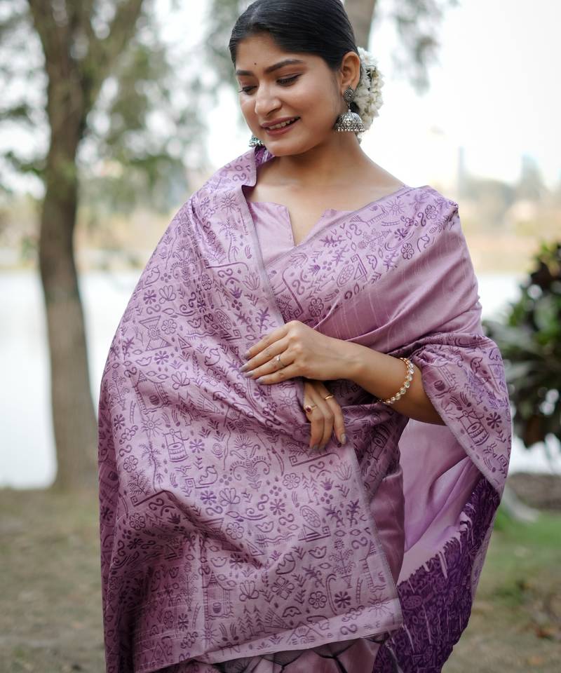 lavender solid raw silk blend saree with blouse