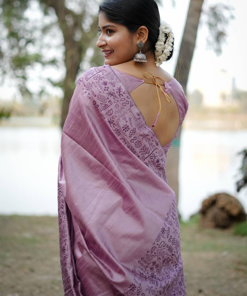lavender solid raw silk blend saree with blouse