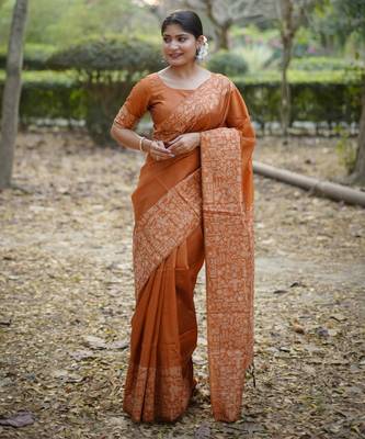 orange solid raw silk blend saree with blouse 1