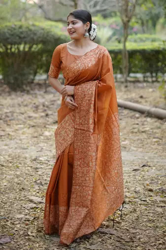 orange solid raw silk blend saree with blouse