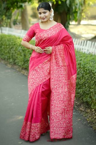 pink solid raw silk blend saree with blouse
