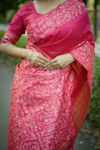 pink solid raw silk blend saree with blouse