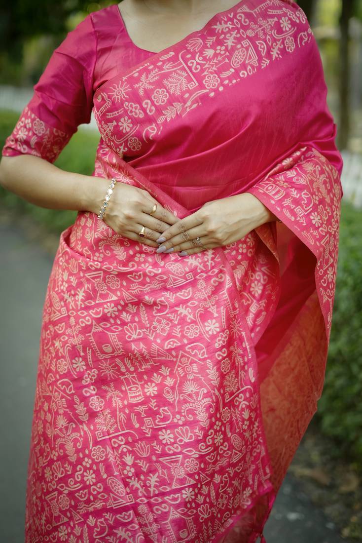 pink solid raw silk blend saree with blouse