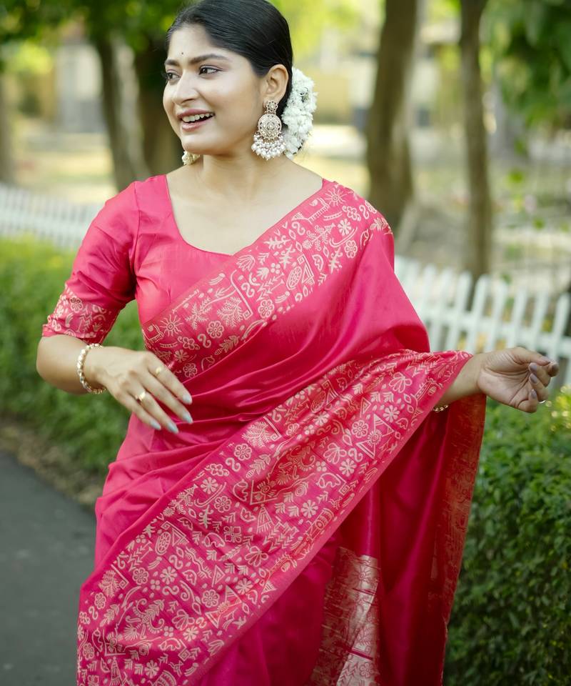 pink solid raw silk blend saree with blouse