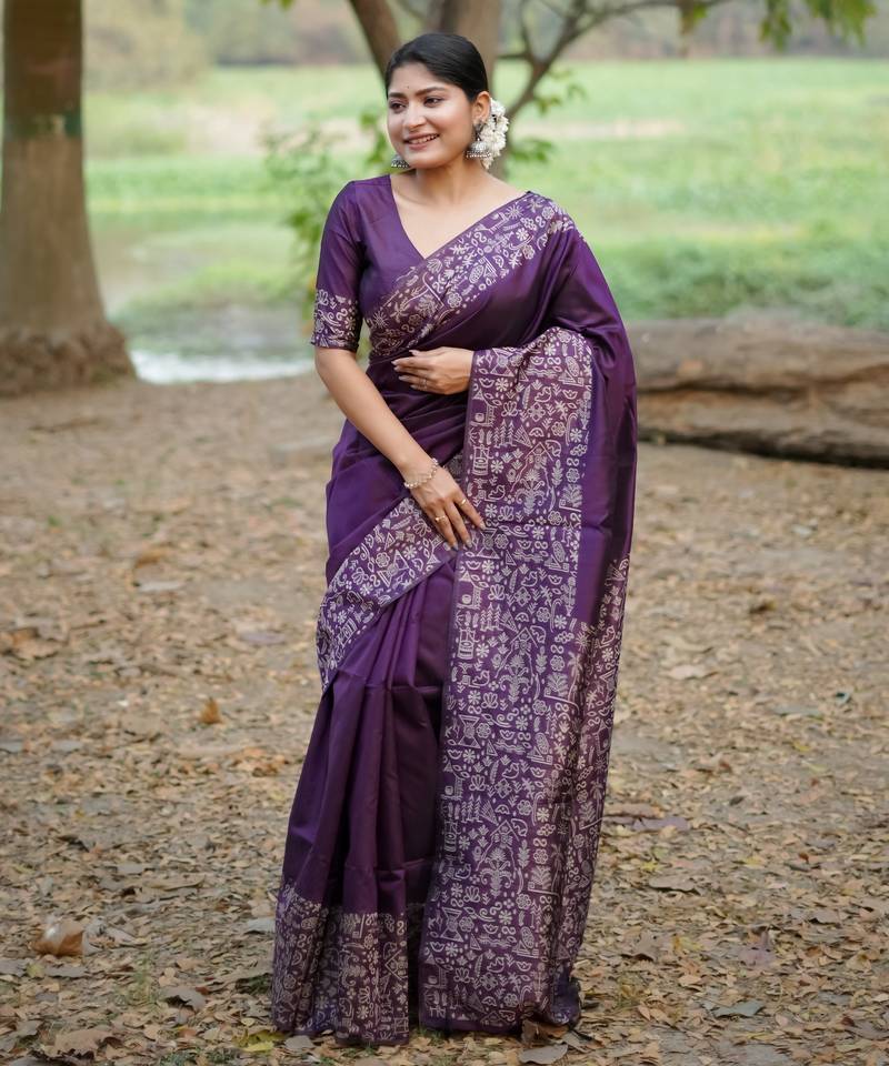 purple solid raw silk blend saree with blouse