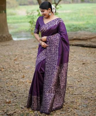 purple solid raw silk blend saree with blouse 2