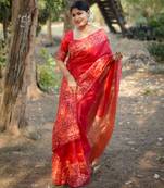 red solid raw silk blend saree with blouse