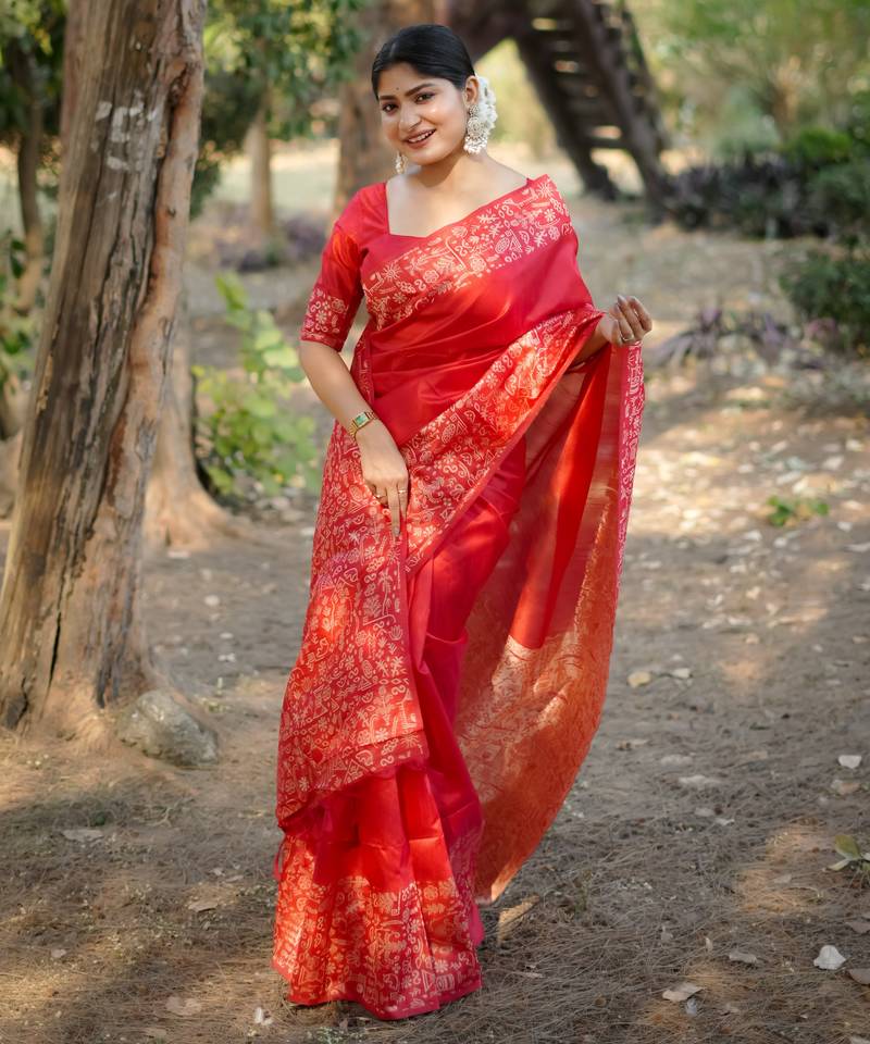 red solid raw silk blend saree with blouse