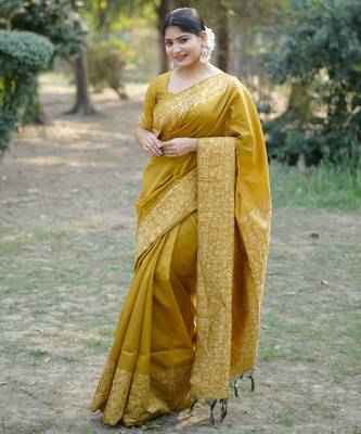 yellow solid raw silk blend saree with blouse 1