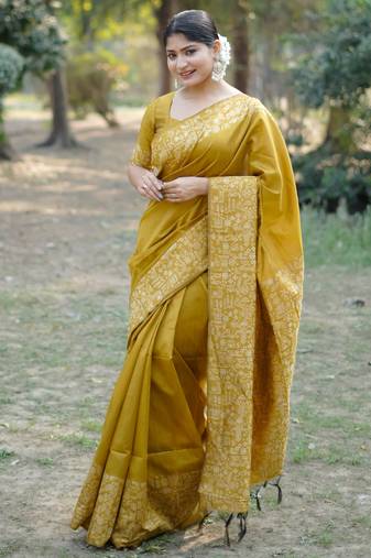 yellow solid raw silk blend saree with blouse