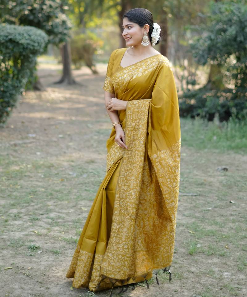 yellow solid raw silk blend saree with blouse