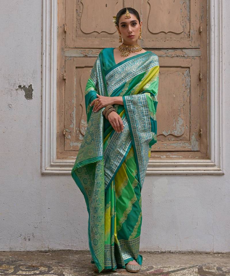 Green solid silk blend saree with blouse