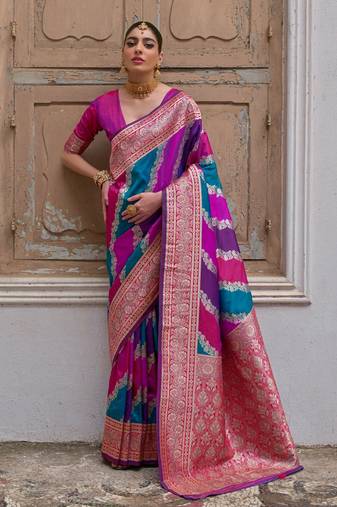 Pink solid silk blend saree with blouse