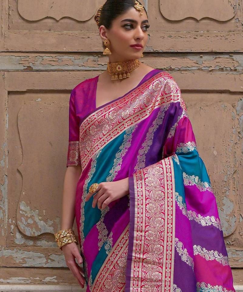 Pink solid silk blend saree with blouse