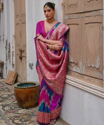 Pink solid silk blend saree with blouse 3