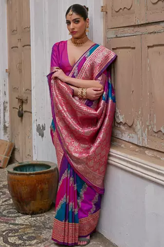 Pink solid silk blend saree with blouse