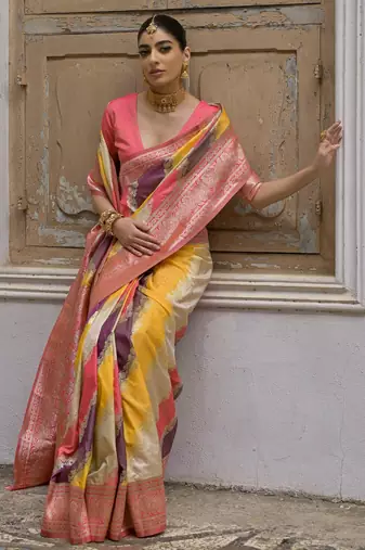 Yellow solid silk blend saree with blouse
