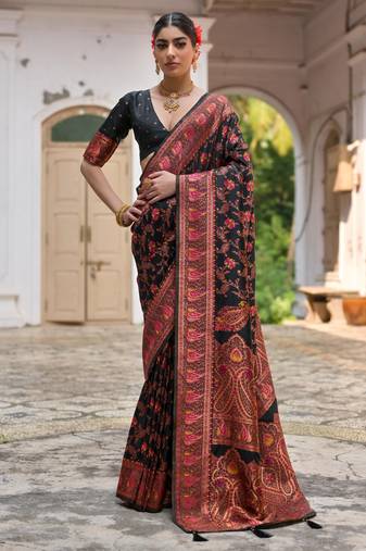 black solid pashimina silk saree with blouse