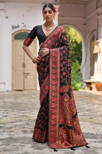 black solid pashimina silk saree with blouse