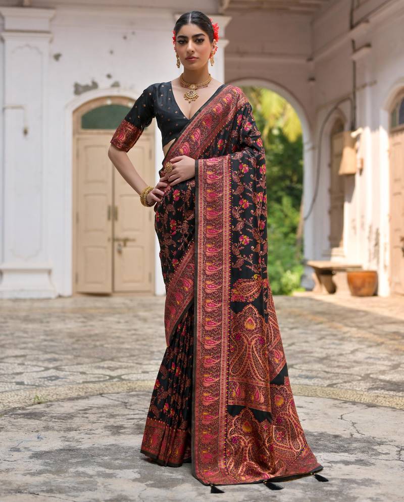black solid pashimina silk saree with blouse