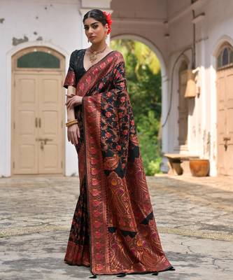 black solid pashimina silk saree with blouse 2