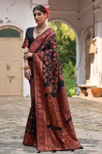 black solid pashimina silk saree with blouse
