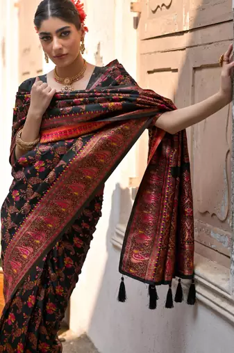 black solid pashimina silk saree with blouse