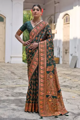 green solid pashimina silk saree with blouse