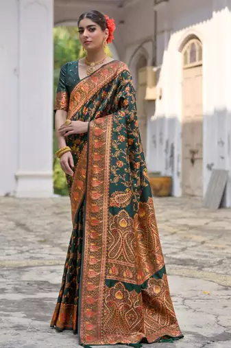 green solid pashimina silk saree with blouse