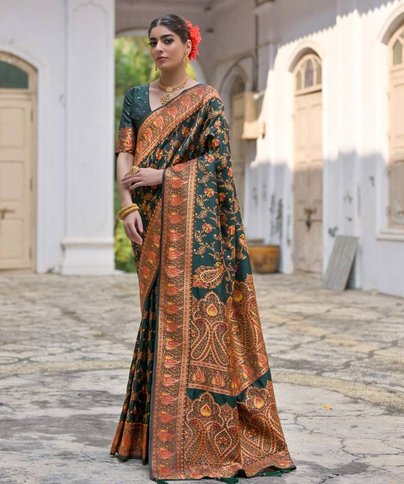 green solid pashimina silk saree with blouse