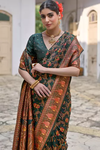 green solid pashimina silk saree with blouse