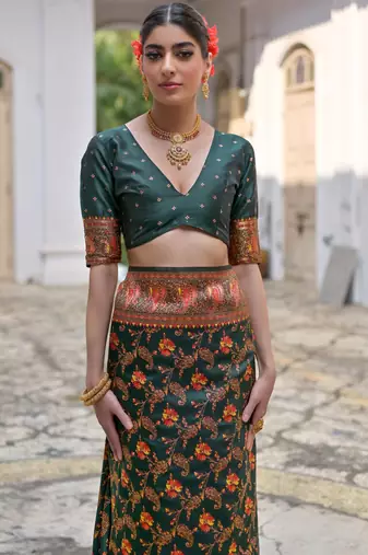 green solid pashimina silk saree with blouse