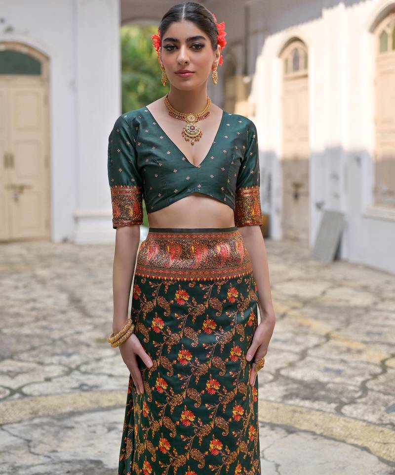 green solid pashimina silk saree with blouse