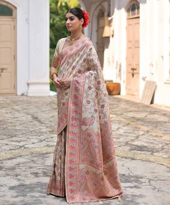 cream solid pashimina silk saree with blouse 2