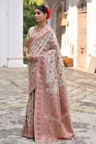 cream solid pashimina silk saree with blouse