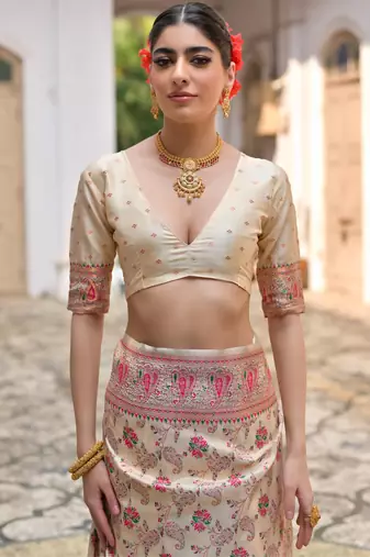 cream solid pashimina silk saree with blouse