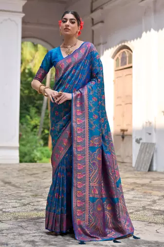 blue solid pashimina silk saree with blouse