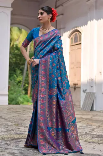 blue solid pashimina silk saree with blouse