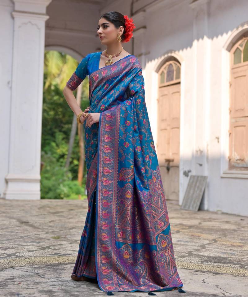 blue solid pashimina silk saree with blouse