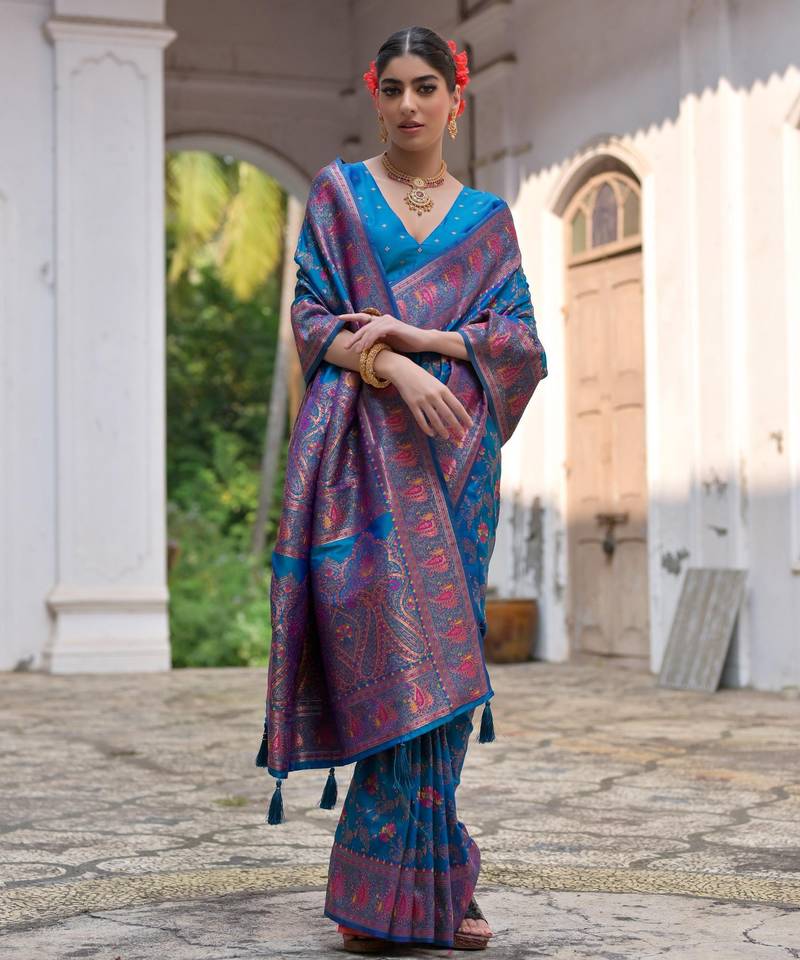 blue solid pashimina silk saree with blouse