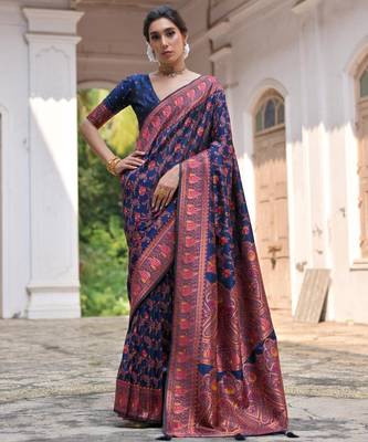 navy blue solid pashimina silk saree with blouse 1