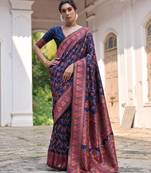 navy blue solid pashimina silk saree with blouse