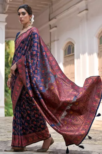 navy blue solid pashimina silk saree with blouse