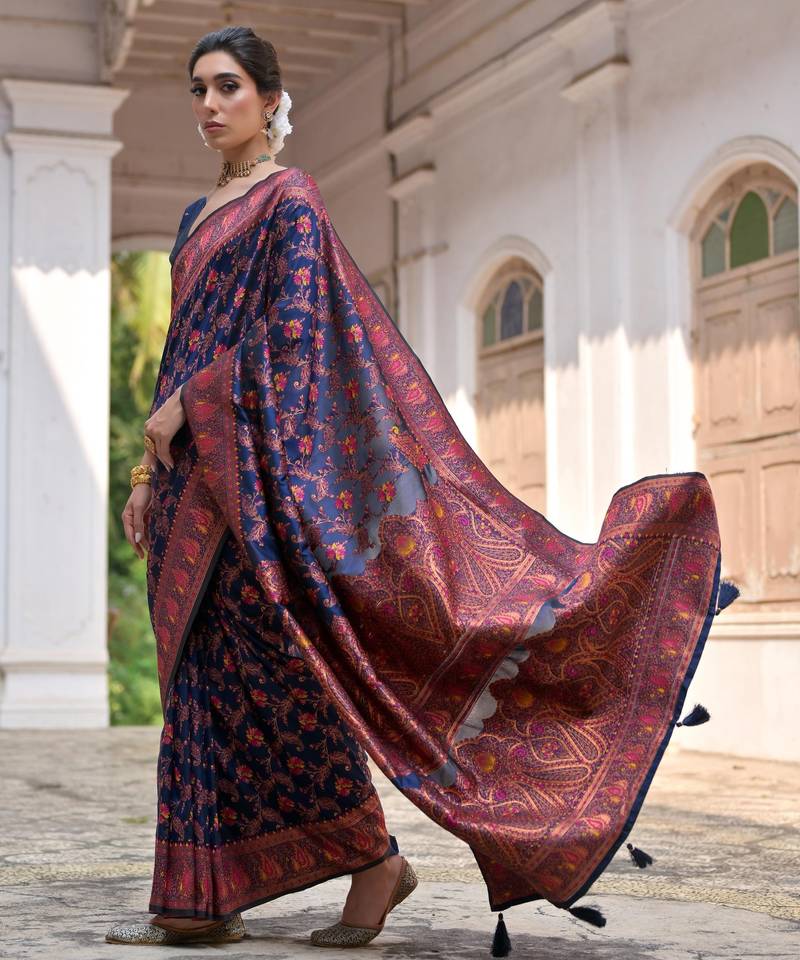navy blue solid pashimina silk saree with blouse