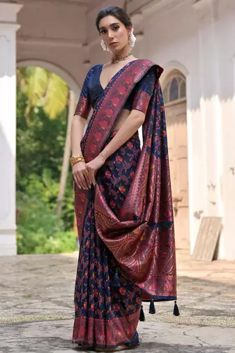 navy blue solid pashimina silk saree with blouse
